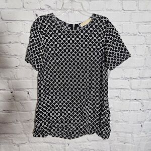 Michael Kors Womens Size 2 Blouse Black Link Print Short Sleeve Back Zip Top